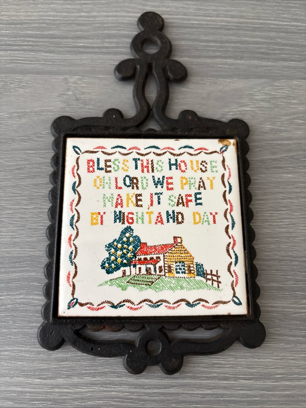 Cast Iron Trivet BLESS THIS HOUSE OH LORD WE PRAY MAKE IT SAFE BY NIGHT AND DAY